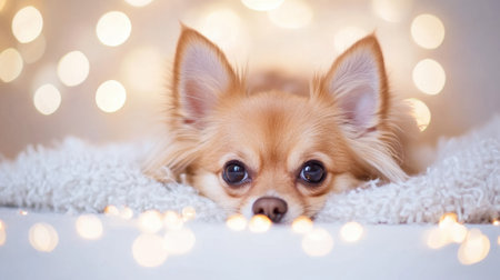 Chihuahua resting on a fluffy blanket with soft bokeh lights in the background, AIの素材