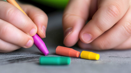 Childs hands drawing with colorful crayons on a textured surface, AIの素材