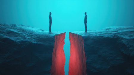 Two figures stand on opposite sides of a glowing red chasm under a blue-lit sky, AIの素材