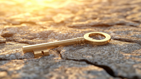 Golden key resting on cracked, sunlit earth symbolizes opportunity and mystery, AIの素材
