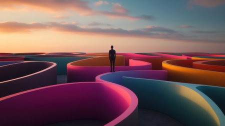 A person stands in a colorful, abstract maze under a vibrant sunset sky, AIの素材