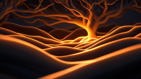Glowing abstract tree with flowing branches in a dark, wavy landscape, AIの素材