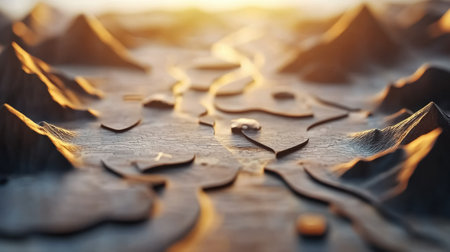 Aerial view of a stylized landscape with winding paths and mountains at sunrise, AIの素材