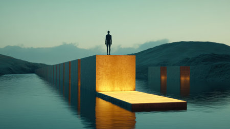 A solitary figure stands on an illuminated platform over tranquil waters at dusk, AIの素材