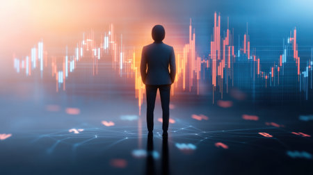 Businessperson analyzing dynamic stock market trends on a digital interface, AIの素材