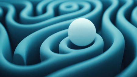 A smooth white sphere navigates a complex blue maze of swirling paths, AIの素材