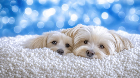 Two fluffy dogs snuggle in a bed of soft white beads against a dreamy blue backdrop, AIの素材