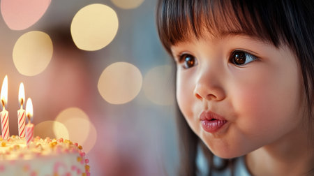 Little girl blowing out birthday candles with wonder in her eyes, AIの素材