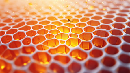 Golden honeycomb illuminated by warm sunlight, with bees buzzing around, AIの素材