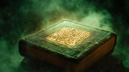 Ancient book with glowing symbols surrounded by mystical green mist, AIの素材