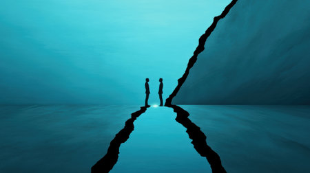 Two silhouettes face each other across a reflective chasm under a serene blue sky, AIの素材