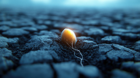 A single seedling emerges from cracked, dry soil, symbolizing hope and resilience, AIの素材