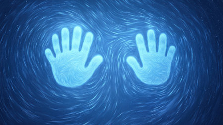 Glowing handprints radiate energy against a swirling blue background, AIの素材