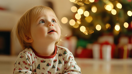 Toddler gazes in wonder at a beautifully lit Christmas tree, AIの素材
