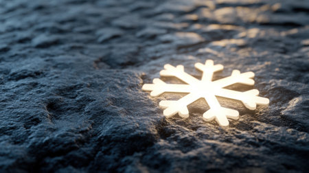 Glowing snowflake on textured stone surface creates a serene winter ambiance, AIの素材