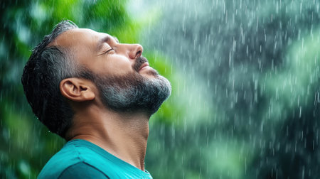 Man enjoying the refreshing rain with eyes closed in a lush green setting, AIの素材