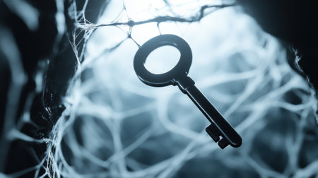 A mysterious key hangs amid a web of intrigue and secrets, AIの素材