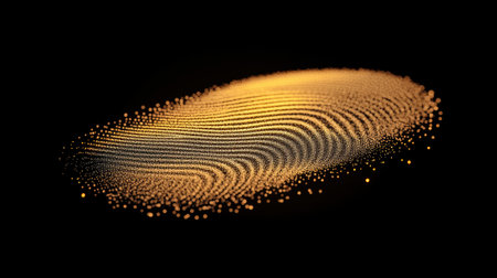 Golden fingerprint pattern made of glowing dots on a black background, AIの素材