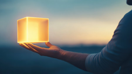 A glowing cube hovers above a persons hand at dusk, creating a mystical ambiance, AIの素材