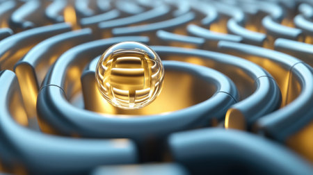 A glass sphere hovers over a metallic labyrinth, reflecting light and complexity, AIの素材