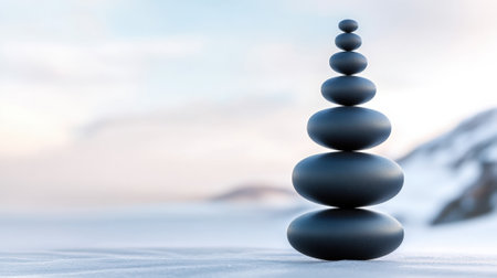 Smooth stones stacked in a perfect balance against a serene snowy landscape, AIの素材