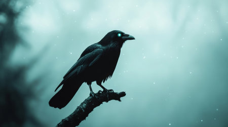 Mysterious raven perched on a branch against a misty, ethereal backdrop, AIの素材