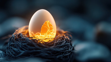 A glowing egg cracks open in a dark, mysterious nest, AIの素材