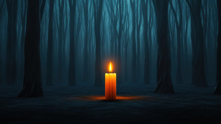 A solitary candle illuminates a dark, eerie forest with a soft, warm glow, AIの素材