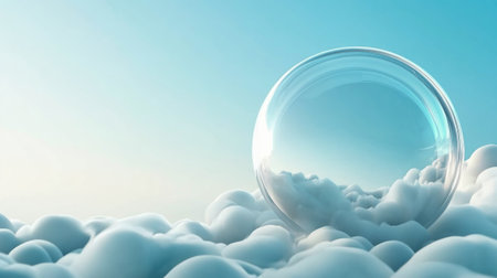 A crystal-clear bubble floats above fluffy clouds under a serene blue sky, AIの素材