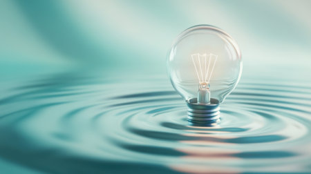 A light bulb floats on rippling water, symbolizing innovation and fluid ideas, AIの素材