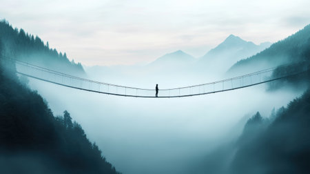 Suspension bridge shrouded in mist connects two forested mountain peaks, AIの素材