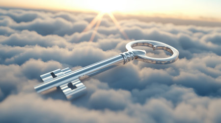A silver key floats above a sea of clouds, illuminated by a golden sunrise, AIの素材