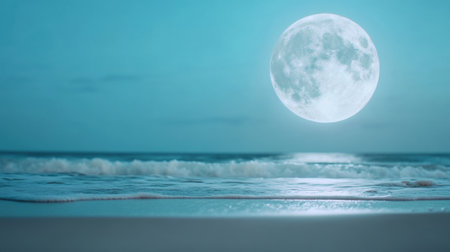 A full moon casts a serene glow over a tranquil ocean at night, AIの素材