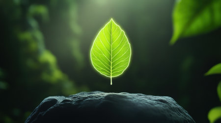 Glowing leaf illuminated against a dark, natural background, AIの素材