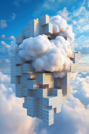 Floating architectural marvel blends with clouds against a vibrant sky, AIの素材