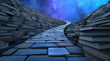 A winding path of books leads to a starry night sky, symbolizing a journey of knowledge, AIの素材