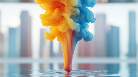 Vibrant swirls of color blend seamlessly in water against a cityscape backdrop, AIの素材