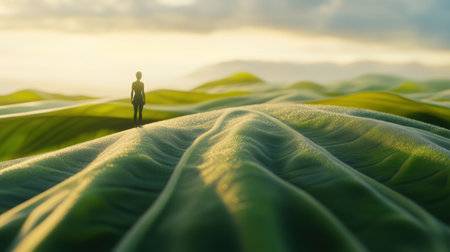 A lone figure stands on vast, dewy green hills under a serene sky, AIの素材