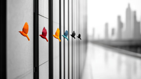 Colorful birds in flight against a monochrome cityscape, AIの素材