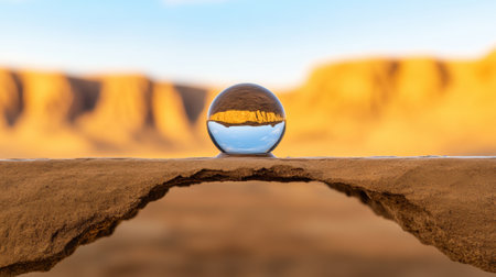 Crystal ball reflecting a desert landscape at sunset, AIの素材