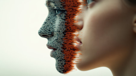 A digital face merges with a human profile, symbolizing technologys integration, AIの素材