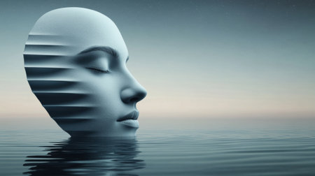 Surreal face sculpture emerges from tranquil water under a starry sky, AIの素材