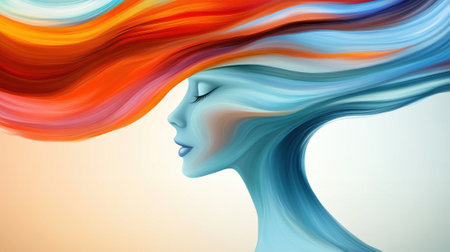 Colorful abstract portrait of a serene woman with flowing, vibrant hair, AIの素材