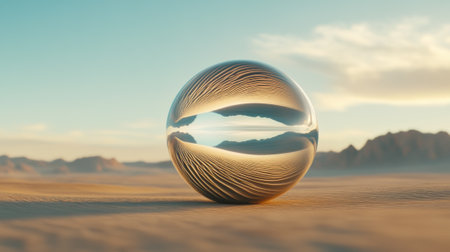 Reflective sphere in a serene desert landscape at sunset, AIの素材
