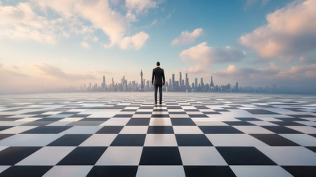 Man stands on giant chessboard, gazing at distant city skyline under a cloudy sky, AIの素材