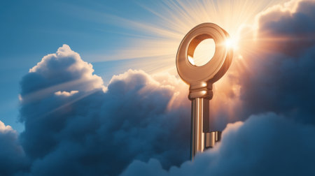 Golden key emerging from clouds, illuminated by a radiant sunrise, AIの素材