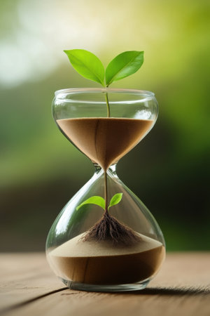 A small plant grows inside an hourglass, symbolizing time and natures resilience, AIの素材