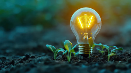 A glowing light bulb illuminates young green sprouts in fertile soil, AIの素材