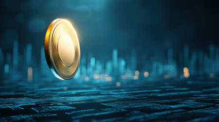 Golden coin floating in a digital landscape, symbolizing cryptocurrency, AIの素材