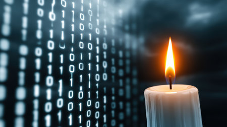 Candle illuminating binary code in a dark, mysterious setting, AIの素材